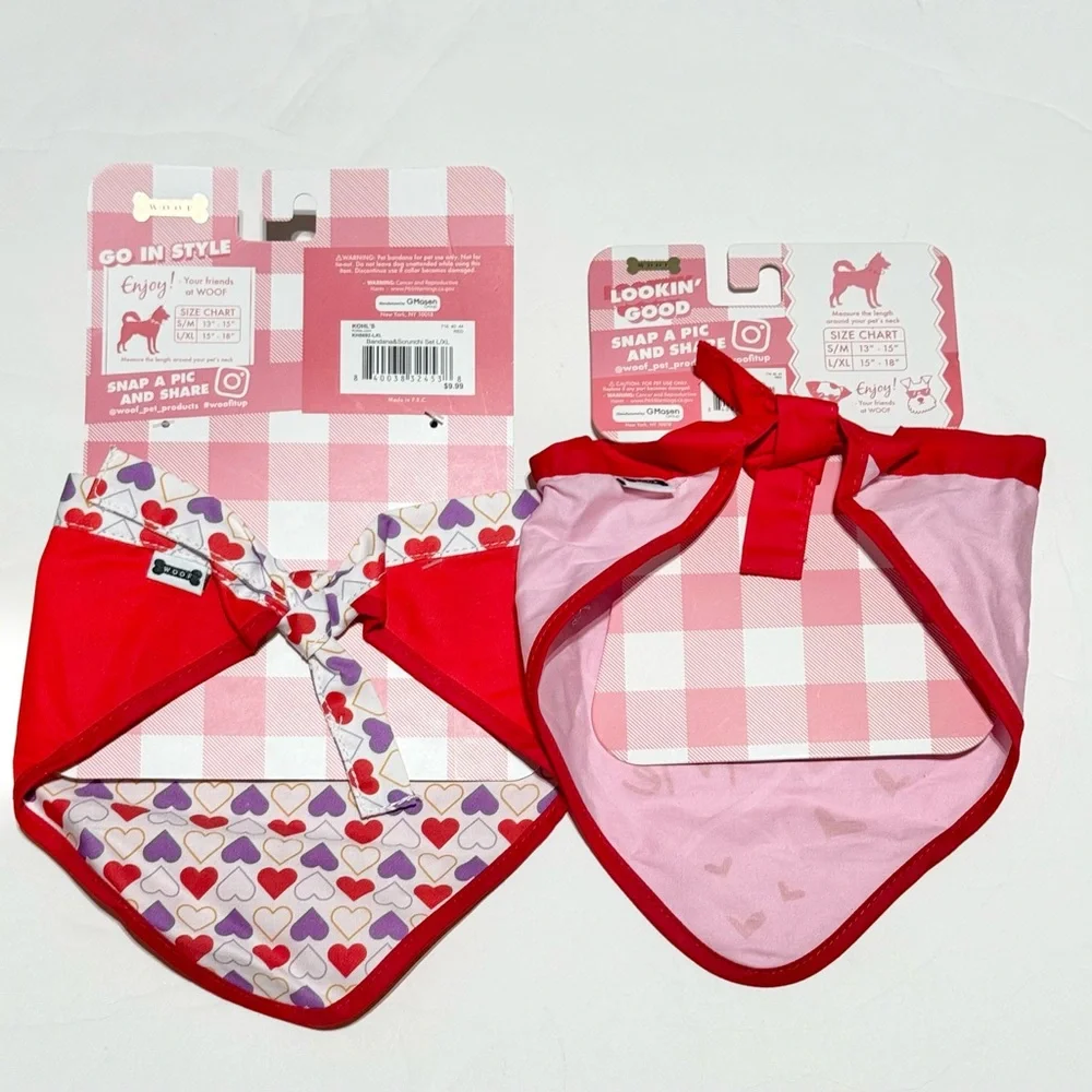 Woof 2 dog Valentines bandanas(L/XL) and 1 Bark dog toy strawberries NWT